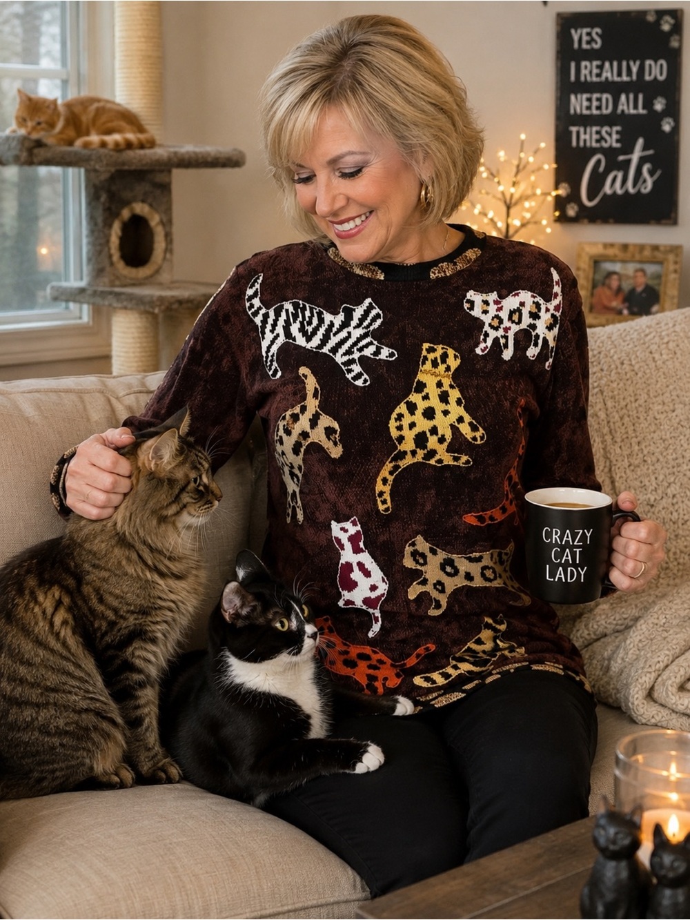 Berek Sweater Womens Cat Faux Fur Animal Print Chenille Black Brown Sz S